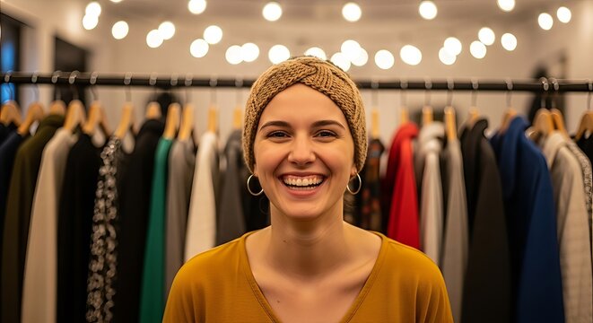 Joyful woman in boutique, beaming with happiness surrounded by colorful garments