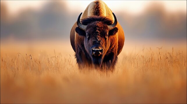A majestic bison stands in a field of tall grass, facing the camera. The image is bathed in the warm light of the golden hour. - Powered by Adobe