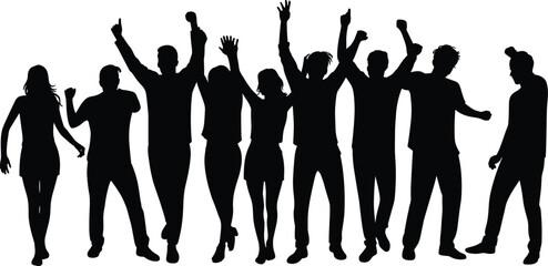 Dancing silhouette group, celebration pose set, black vector people, expressive movement design, party gesture illustration, joyful human shape