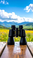 Binoculars sit on wooden planks, facing a distant field and mountain range beneath a bright, cloudy sky