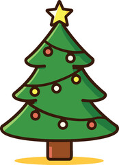 Green Christmas tree with yellow star and festive ornaments green tree holiday
