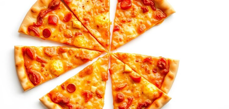 Golden brown cheese pizza, eight slices, plain white background,  lunch,  background