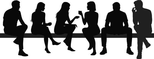Silhouette people sitting, bench pose set, black vector figures, casual interaction design, body language illustration, social gesture concept