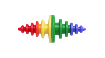 Colorful plastic stacking toy with red, yellow, green, and blue rings, isolated on transparency background, designed for early childhood development and sensory play, cheerful and educational