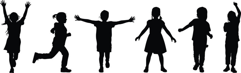 Children silhouette set, playful movement poses, black vector kids, dynamic gesture chart, activity illustration, posture variation design
