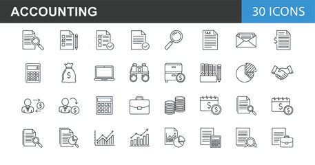 Modern accounting line icons set featuring financial documents, tax forms, bookkeeping tools, money management, analytics charts, business finance and audit symbols