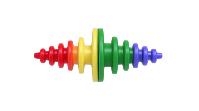Colorful plastic stacking toy with red, yellow, green, and blue rings, isolated on transparency background, designed for early childhood development and sensory play, cheerful and educational