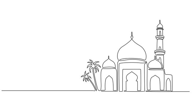 animated continuous line drawing of a mosque, line art animation