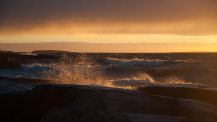 Winter storm with rough seas on the shores of the Bothnian Sea in Pori, Finland