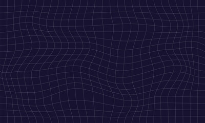 Abstract distorted grid background with curved white lines on dark field. Vector illustration