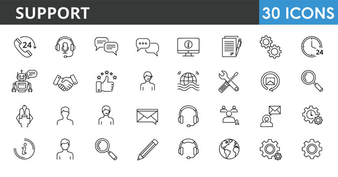 Modern customer support line icons set featuring communication tools, technical assistance, help desk service, call center solutions, feedback management and user support