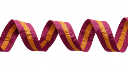 Purple and yellow striped ribbon, curled in wavy pattern, isolated on transparent background, festive and decorative, suitable for celebration, party, or craft project