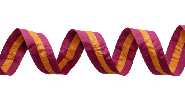 Purple and yellow striped ribbon, curled in wavy pattern, isolated on transparent background, festive and decorative, suitable for celebration, party, or craft project