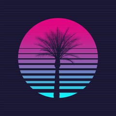 Single palm silhouette in neon sunset circle. 80s tropical atmosphere. Vector illustration