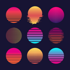 Retro sun design in 80s style. Retro sun logo with neon gradient stripes in vintage 80s style. Perfect for summer design, posters or digital art. Vector illustration.