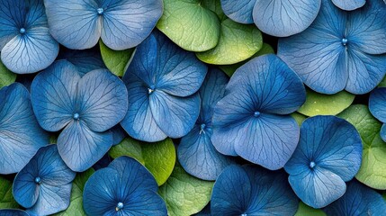 Close-up of blue hydrangea flowers and green leaves creating a natural texture, perfect for backgrounds and floral designs.