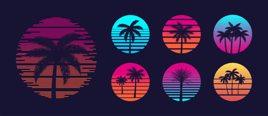 Retro sunset and palm silhouettes set in neon gradient circles with 80s vibe. Retro palm sunset silhouettes in 80s style. Tropical summer mood with synthwave style. Vector illustration.