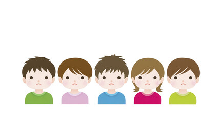 Fototapeta premium Sad children illustration, five cartoon kids with unhappy facial expressions, diverse hairstyles, casual colorful clothing, isolated on transparent background, emotional, simple flat style