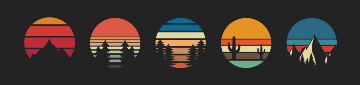 Vintage sunset set with mountains, trees. Retro sun adventure style. Elements for camping, hiking and outdoor travel designs. Vector illustration.