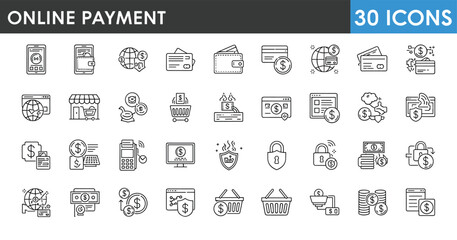 Modern online payment line icons set featuring digital transactions, mobile banking, secure checkout, e-commerce shopping, global currency exchange and financial technology tools