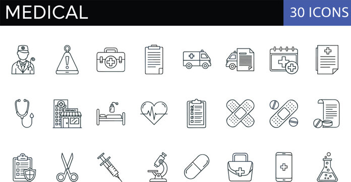 Modern medical line icons set featuring healthcare tools, hospital equipment, emergency services, medicine symbols, diagnosis elements and clinical treatment illustrations