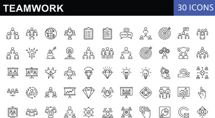 Modern teamwork line icons set featuring collaboration, leadership, communication, group success, brainstorming, goal achievement, management skills and organizational development symbols