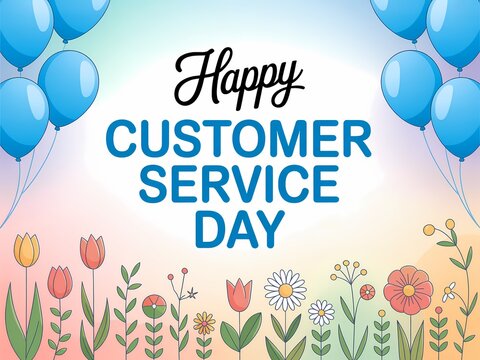 Celebrate happy customer service day with blue balloons and a field of colorful flowers - Powered by Adobe