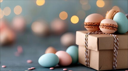 A close-up shot of Easter eggs and macarons arranged on a gift box, with a blurred bokeh background creating a soft and festive atmosphere.