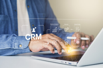 CRM workflow, Customer relationship management, business professional using tablet manage digital strategy, diagram showing goals, data collection, analysis, strategy, execution, and improvement