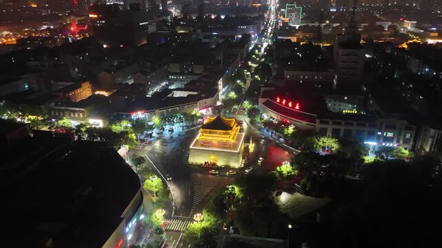 Gansu Tower Night Aerial Photography - Illuminated Landmark Cityscape