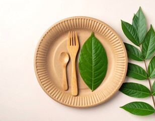 Biodegradable plate with wooden spoon & fork, adorned with a leaf, alongside leafy green branches on a light backdrop