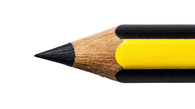Yellow and black wooden pencil with sharp graphite tip, used for writing or drawing, isolated on transparency background, close up detail, education and office supply concept