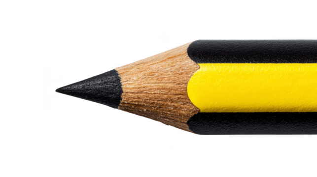 Yellow and black wooden pencil with sharp graphite tip, used for writing or drawing, isolated on transparency background, close up detail, education and office supply concept