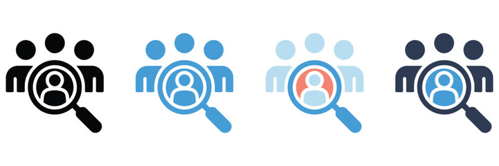 Magnifying glass people icon set, featuring search, recruitment, community, and connection symbols, illustrated in thin line and  styles, modern vector graphics ideal for apps, websites, 