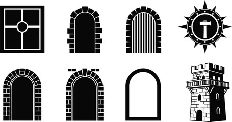 Medieval castle windows and stone archway set, vintage fortress tower illustration, ancient architecture elements, gothic doorway icons, historic design graphics