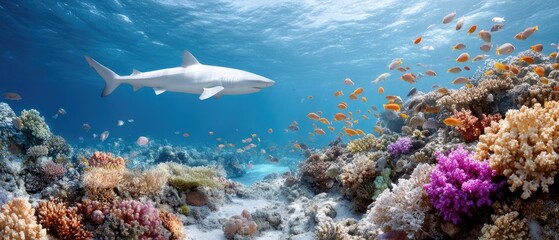 Obraz premium Underwater scene with a shark swimming among colorful coral reefs and small fish near a tropical ocean