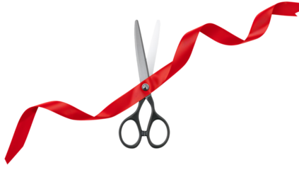 Scissors Cutting a Red Ribbon at a Celebration Event in a Festive Atmosphere