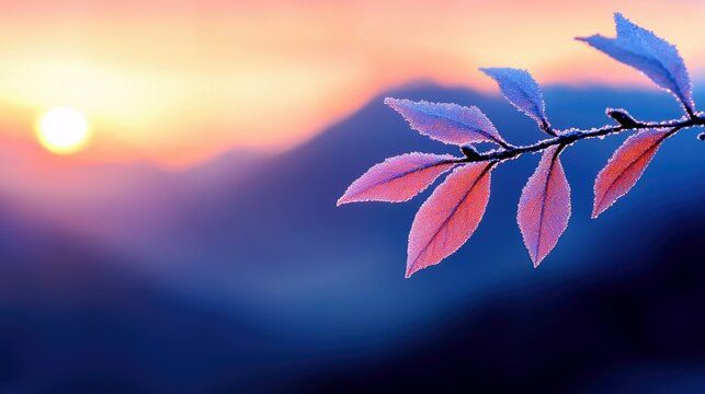 A close-up of a branch with frosted leaves against a blurred mountain landscape at sunrise. The leaves are illuminated with pink and blue hues. - Powered by Adobe