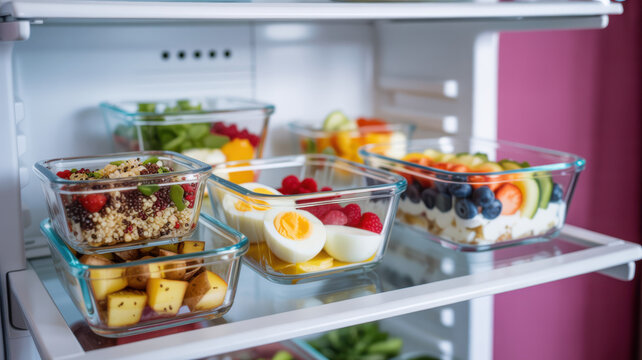 Delicious meal prep containers filled with healthy food in a modern refrigerator, promoting balanced eating and a convenient lifestyle through organized nutrition