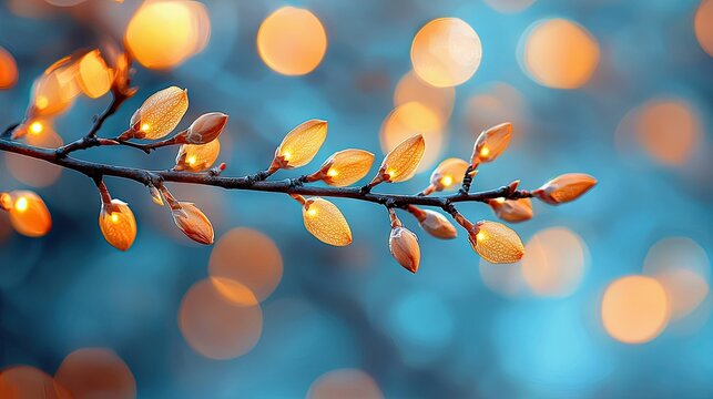 Close-up of a branch with glowing buds against a blurred bokeh background, creating a dreamy and magical atmosphere. - Powered by Adobe