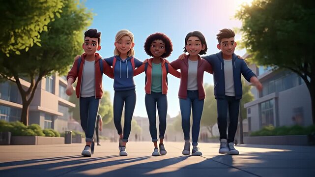 Diverse group of friends walking together on a sunny day, arms linked, enjoying their time outdoors.