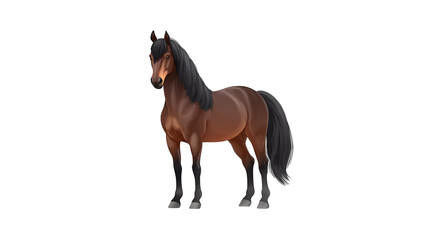 Obraz premium Brown horse standing with black mane and tail, realistic style, isolated on transparent background, elegant and calm expression, suitable for farm, animal, or equestrian themes