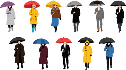 People walking with umbrellas in rainy weather wearing coats and raincoats diverse characters illustration for seasonal weather protection and urban scenes