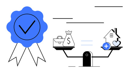 Financial balance concept. Financial elements with scales balancing money and assets, emphasizing financial stability and responsibility. For investments, financial planning, economics