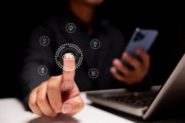 A person interacts with a digital interface using a finger, surrounded by icons representing various technological functions.