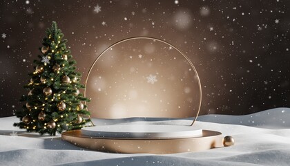 Festive winter scene with christmas tree and snowfall home decor digital art cozy environment close-up view holiday vibes