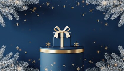 Holiday gift presentation with decorative elements festive atmosphere visual composition blue and gold color scheme captivating viewpoint seasonal concept for celebrations