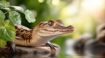 Fototapeta premium Unique close-up of a crocodile resting by a tranquil water surface surrounded by lush greenery in the afternoon light