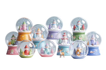 Artistic Frosted Glass Snow Globe Collection with Handcrafted Miniature Characters, Transparent Background