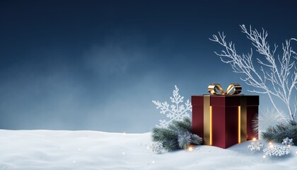 Festive winter celebration with gift box surrounded by snow and frosty branches creating a magical holiday atmosphere in a serene outdoor setting